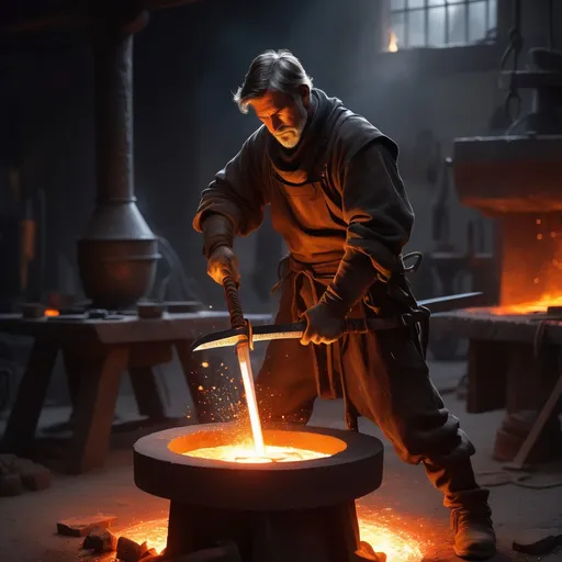 Prompt: "Create an ultra-detailed, cinematic illustration of a lone figure sharpening a sword beside a glowing forge. In the background, iron is being melted in a crucible, with molten metal flowing into a mold. The scene is illuminated by the intense, fiery glow of the forge, casting dramatic highlights and shadows. Sparks fly from the grinding wheel as the figure—clothed in humble garments—works with deep focus and purpose.

The image should carry a symbolic Christian meaning, portraying the forge as a representation of sanctification and spiritual formation. The sword being sharpened symbolizes the Word of God (Hebrews 4:12), and the blacksmith represents the disciple being refined and prepared for spiritual battle (Ephesians 6:17). The melted iron in the background signifies the heart being reshaped and purified by fire (Malachi 3:3).

Use the world-building depth of Stephan Martinière, the dynamic emotion and storytelling style of Eiichiro Oda, and the vibrant, contemplative color palettes of Hiroshi Nagai. Make the lighting cinematic—contrasting the warm forge glow with cool ambient shadows. Prioritize insane detail and smooth textures: glowing metal, worn leather, sweat on the disciple's brow, and weathered stone floors—all contributing to the sense of spiritual intensity and transformation."