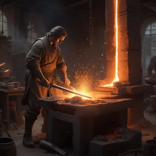 Prompt: "Create an ultra-detailed, cinematic illustration of multiple
 figure sharpening a sword beside a glowing forge. In the background, iron is being melted in a crucible, with molten metal flowing into a mold. The scene is illuminated by the intense, fiery glow of the forge, casting dramatic highlights and shadows. Sparks fly from the grinding wheel as the figure—clothed in humble garments—works with deep focus and purpose.

The image should carry a symbolic Christian meaning, portraying the forge as a representation of sanctification and spiritual formation. The sword being sharpened symbolizes the Word of God (Hebrews 4:12), and the blacksmith represents the disciple being refined and prepared for spiritual battle (Ephesians 6:17). The melted iron in the background signifies the heart being reshaped and purified by fire (Malachi 3:3).

Use the world-building depth of Stephan Martinière, the dynamic emotion and storytelling style of Eiichiro Oda, and the vibrant, contemplative color palettes of Hiroshi Nagai. Make the lighting cinematic—contrasting the warm forge glow with cool ambient shadows. Prioritize insane detail and smooth textures: glowing metal, worn leather, sweat on the disciple's brow, and weathered stone floors—all contributing to the sense of spiritual intensity and transformation."