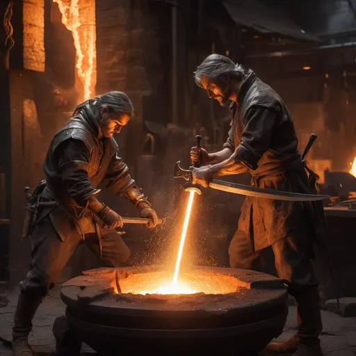 Prompt: "Create an ultra-detailed, cinematic illustration of multiple
 figure sharpening a sword beside a glowing forge. In the background, iron is being melted in a crucible, with molten metal flowing into a mold. The scene is illuminated by the intense, fiery glow of the forge, casting dramatic highlights and shadows. Sparks fly from the grinding wheel as the figure—clothed in humble garments—works with deep focus and purpose.

The image should carry a symbolic Christian meaning, portraying the forge as a representation of sanctification and spiritual formation. The sword being sharpened symbolizes the Word of God (Hebrews 4:12), and the blacksmith represents the disciple being refined and prepared for spiritual battle (Ephesians 6:17). The melted iron in the background signifies the heart being reshaped and purified by fire (Malachi 3:3).

Use the world-building depth of Stephan Martinière, the dynamic emotion and storytelling style of Eiichiro Oda, and the vibrant, contemplative color palettes of Hiroshi Nagai. Make the lighting cinematic—contrasting the warm forge glow with cool ambient shadows. Prioritize insane detail and smooth textures: glowing metal, worn leather, sweat on the disciple's brow, and weathered stone floors—all contributing to the sense of spiritual intensity and transformation."