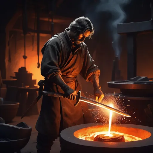 Prompt: "Create an ultra-detailed, cinematic illustration of a lone figure sharpening a sword beside a glowing forge. In the background, iron is being melted in a crucible, with molten metal flowing into a mold. The scene is illuminated by the intense, fiery glow of the forge, casting dramatic highlights and shadows. Sparks fly from the grinding wheel as the figure—clothed in humble garments—works with deep focus and purpose.

The image should carry a symbolic Christian meaning, portraying the forge as a representation of sanctification and spiritual formation. The sword being sharpened symbolizes the Word of God (Hebrews 4:12), and the blacksmith represents the disciple being refined and prepared for spiritual battle (Ephesians 6:17). The melted iron in the background signifies the heart being reshaped and purified by fire (Malachi 3:3).

Use the world-building depth of Stephan Martinière, the dynamic emotion and storytelling style of Eiichiro Oda, and the vibrant, contemplative color palettes of Hiroshi Nagai. Make the lighting cinematic—contrasting the warm forge glow with cool ambient shadows. Prioritize insane detail and smooth textures: glowing metal, worn leather, sweat on the disciple's brow, and weathered stone floors—all contributing to the sense of spiritual intensity and transformation."