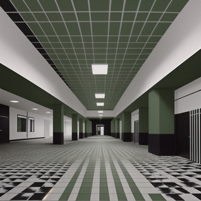 Prompt: a long hallway with a checkered floor and green walls and a black and white checkered floor and a green wall, Bauhaus, optical illusion, deep 3 point perspective, a minimalist painting