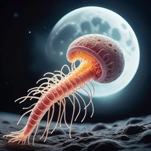 Prompt: a microbiological beautiful parasite  who has control over the human from glowing moon