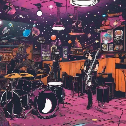 Prompt: Space themed punk bar with band playing