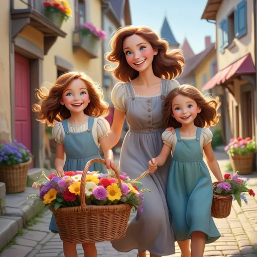 Prompt: (disney style) countryside scene, (vibrant colors) sunny atmosphere, a joyful mom and her 2-year-old and 4-year-old daughters, wavy brown hair, sparkling blue-grey eyes, happy smiles, walking cheerfully through a lively old town, carrying a wicker basket filled with a bouquet, colorful flowers, cheerful ambiance, (highly detailed) 4K.