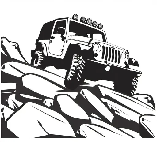 Prompt: give me a black and white vector-style graphic of a Jeep Wrangler perched on a set of rocks. The jeep has the top removed exposing the roll cage inside. it has large mud tires a winch and brush guards. make it a 2 door jeep and only give me the rocks in the foreground, no background needed - this will be a vector graphic for a tee-shirt 