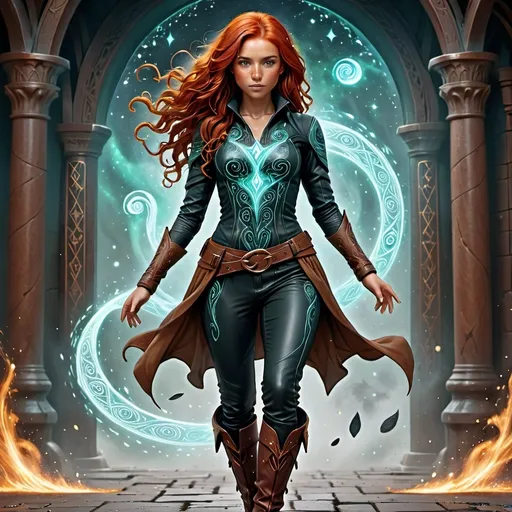 Prompt: Fantasy full body illustration (tanned 22-year-old redhead woman), channeling  magical energies through her, (very fit), relaxed pose, (chainshirt), freckles, auburn eyebrows, (glowing magical tattoos), intricate magical symbols swirling around, (very long wavy thick hair), trousers and (high leather boots), intricate and detailed magical effects,, (ultra-detailed) artwork with depth and texture, (high-quality).