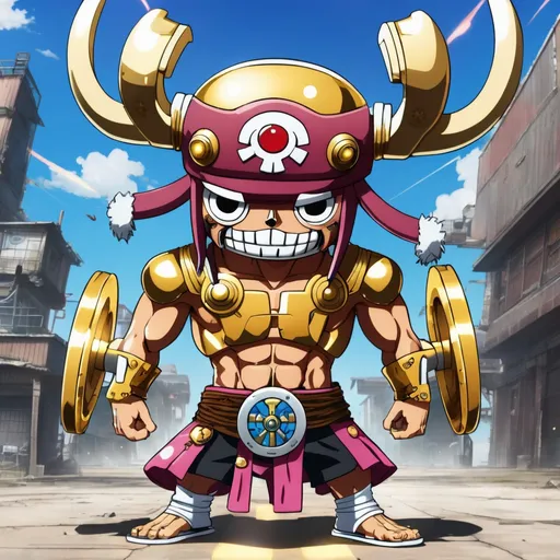 Prompt: cyborg tony tony chopper half machine half warrior, holding golden amulet of power