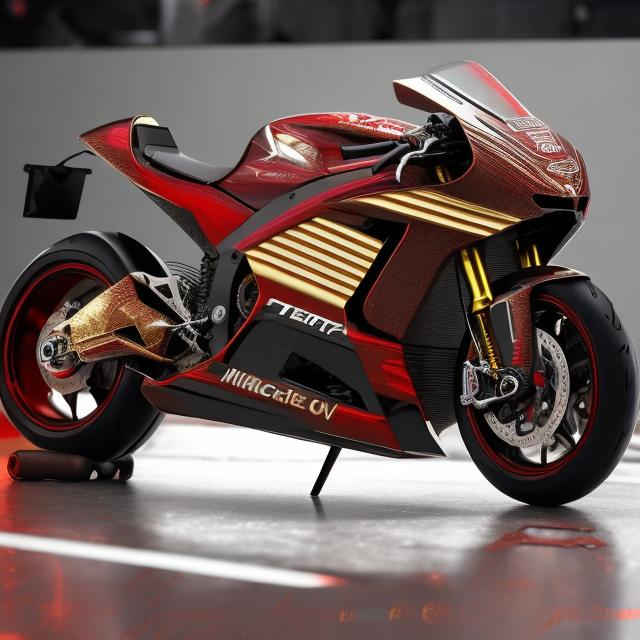 Prompt: FUTURISTIC TECHNOLOGY ARMORED METALLIC SUPER BIKE MOTO GP WITH RED AND GOLD ACCENTS WHEELS WITHOUT SPOKES