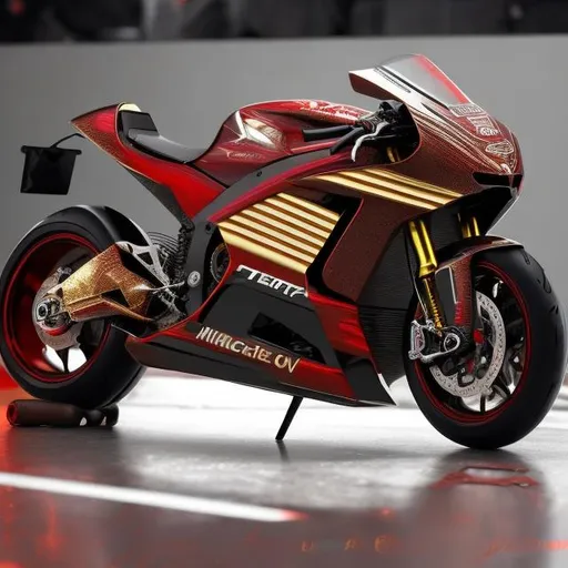 Prompt: FUTURISTIC TECHNOLOGY ARMORED METALLIC SUPER BIKE MOTO GP WITH RED AND GOLD ACCENTS WHEELS WITHOUT SPOKES