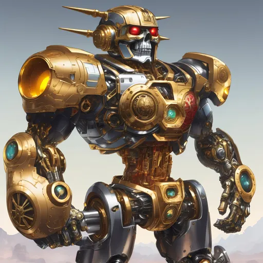 Prompt: cyborg chopper half machine half warrior, holding golden amulet of power