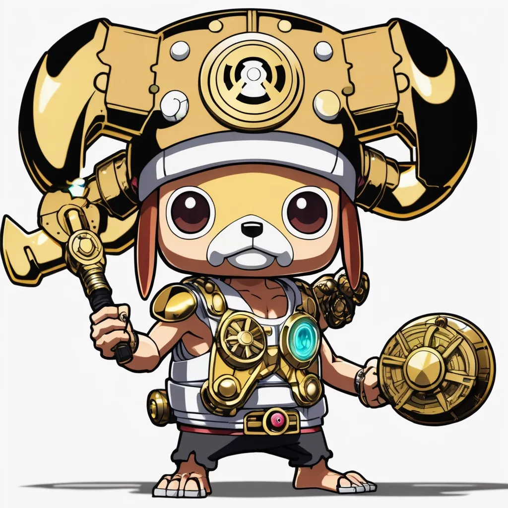 Prompt: cyborg tony tony chopper half machine half warrior, holding golden amulet of power