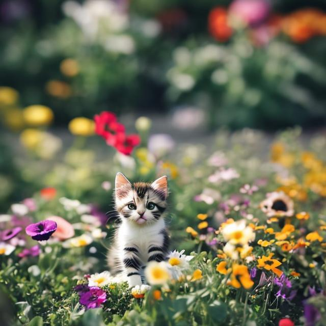 Prompt: flower garden with tiny kitten sitting in the middle