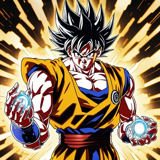 Prompt: cyborg goku  half machine half warrior, holding golden amulet of power