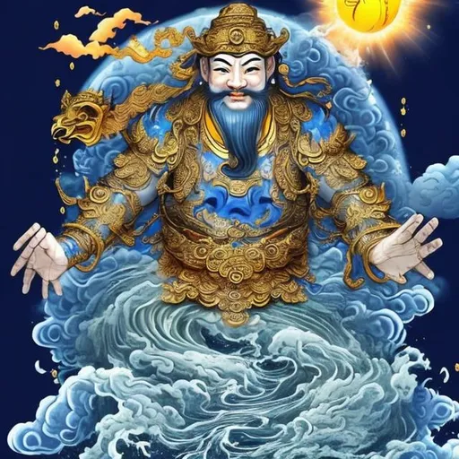 Prompt: CHINESE THEMED GODS HAND HOLDING THE EARTH SAFELY AND POURING OUT 
BLUE WATER BLESSINGS FOR ALL OF MANKIND AND GODS BEAUTIFUL CREATIONS