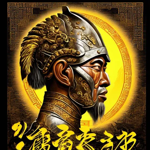 Prompt: GARY PRICE BLESSED WARRIOR 88 33 IN CHINESE GOLDEN WRITING IN SUNSET BACKGROUND