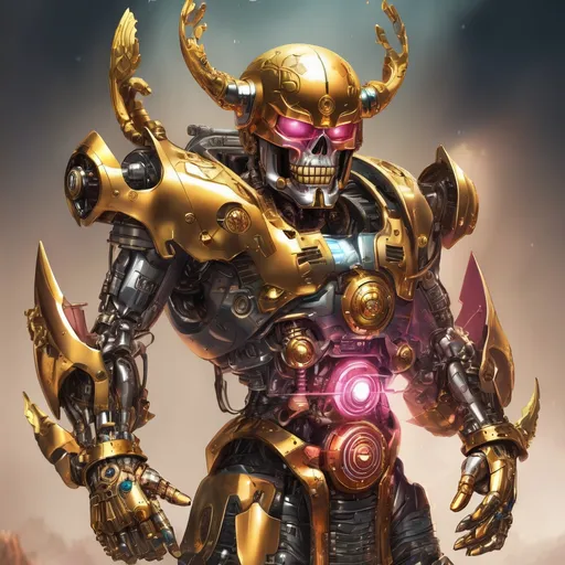 Prompt: cyborg chopper one pice  half machine half warrior, holding golden amulet of power