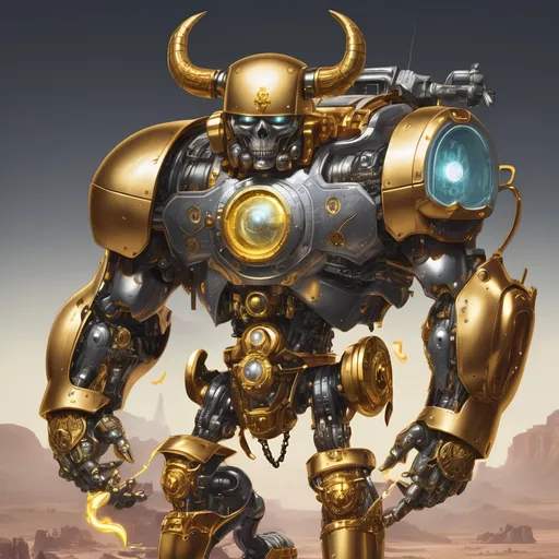 Prompt: cyborg chopper half machine half warrior, holding golden amulet of power