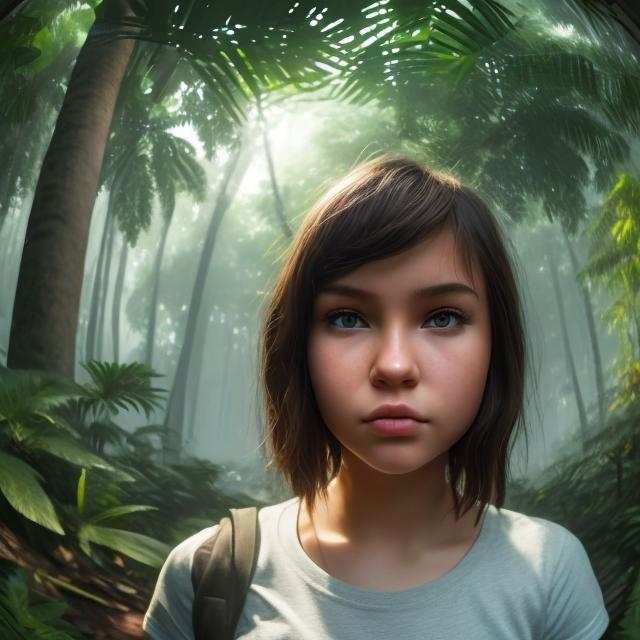 Prompt: masterpiece, hyperrealistic, ((fisheye portrait style)), a beautifull caucasian asian pretty female, straight dark-brown short hair, pretty chubby face, wearing blank t-shirt with short jeans pants, selfie in the midle tropical dark forest, unreal engine 5, digital painting, face looking into camera, sunlight, UHD 8k resolution, WLOP, Alphonse Mucha, approaching perfection, intricately detailed, hyperdetailed painting, high contrast, high quality