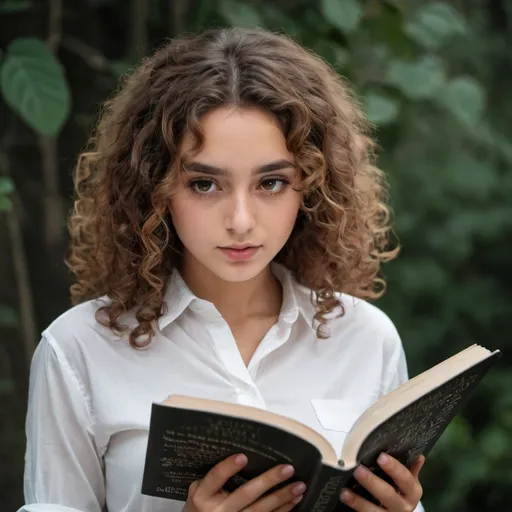 Prompt: Very very beauty girl
 with brown curly hair and black eyes 
Wearing white shirt 
Reading a book