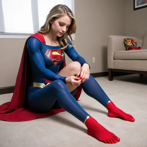 Prompt: Supergirl polishing her toe nails in red