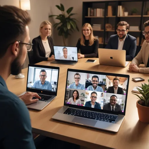 Prompt: (backshot POV), looking at the laptop on a sleek, modern desk, multiple people in a vibrant online meeting displayed on the laptop screen, (warm lighting) creating a cozy atmosphere, detailed desktop items scattered around, high-quality, (4K), sharp focus on the screen’s dynamic grid of participants, (reflecting an engaging virtual collaboration).