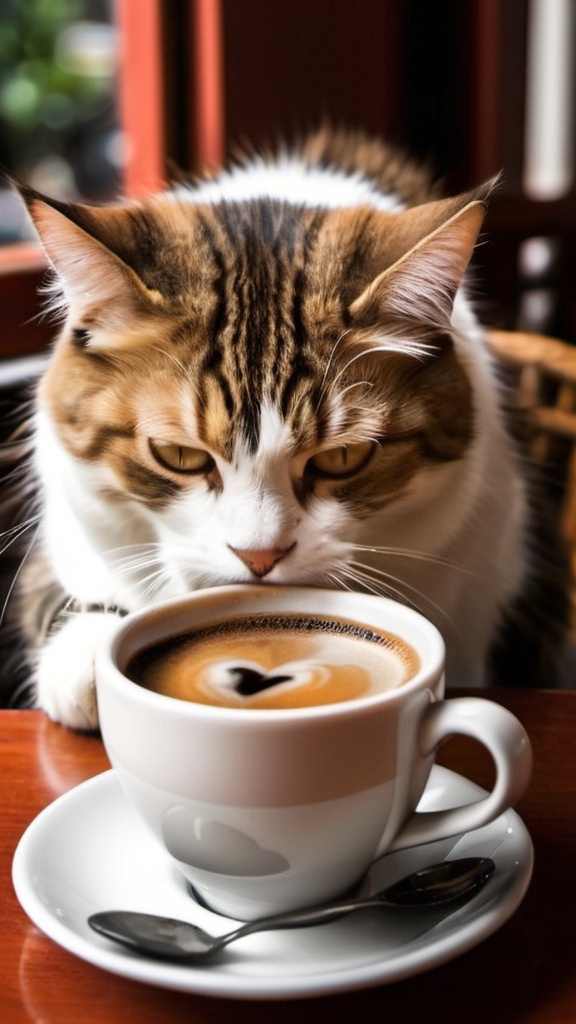 Prompt: un gato tomando café