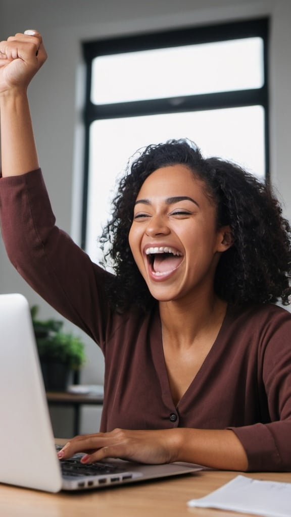 Prompt: A Woman at her computer being absolutely happy and very productive at her Computer
