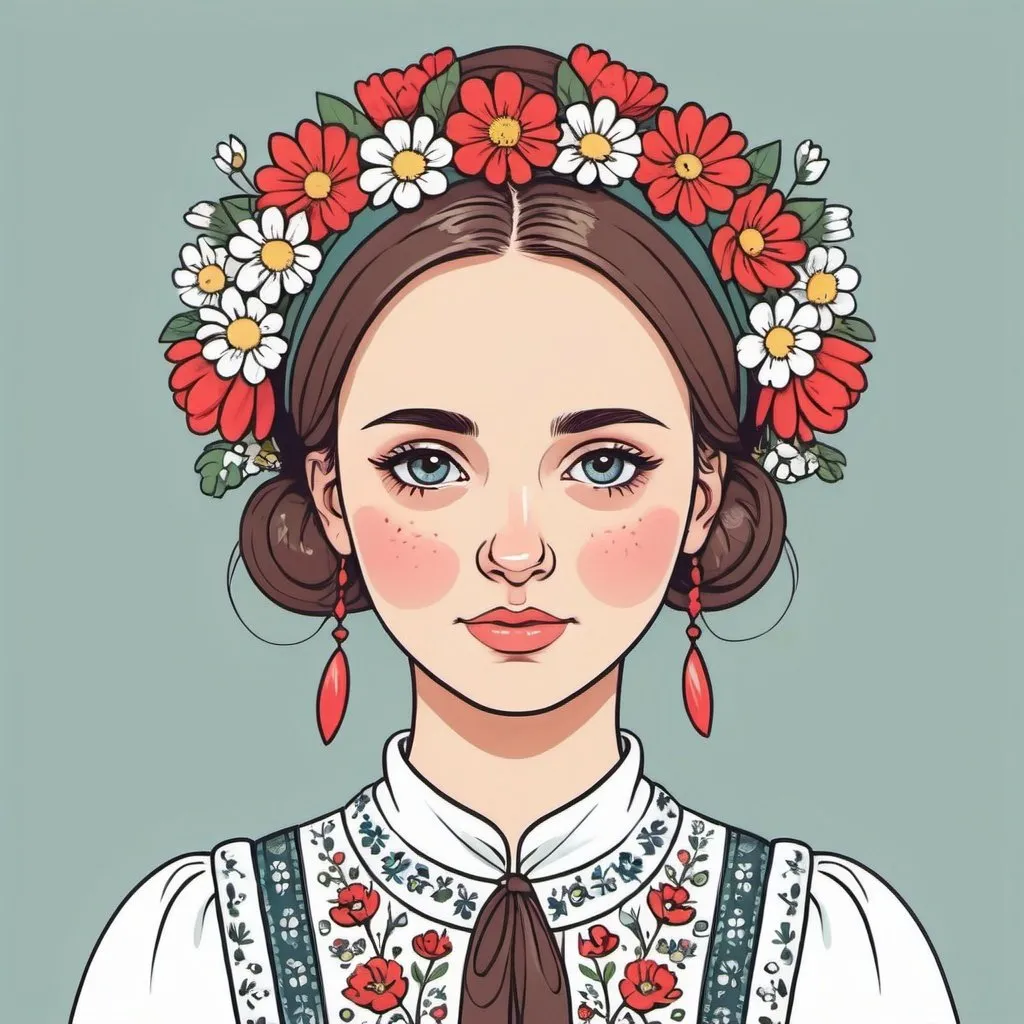 Prompt: A Polish girl wearing flowers in her head and traditional polish clothes, whimsical, thin line art, flat color illustration, high quality