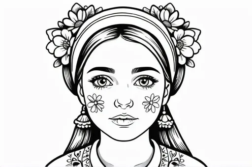 Prompt: Creative colouring page; A Polish girl wearing flowers in her head and traditional polish clothes, whimsical, thin line art, black and white colour only, high quality