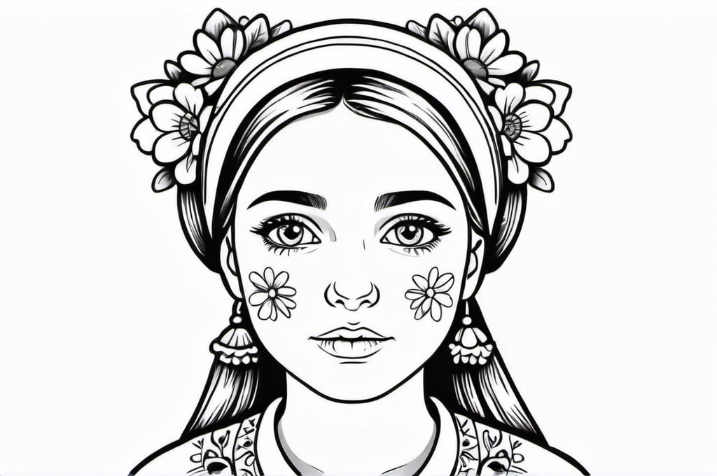 Prompt: Creative colouring page; A Polish girl wearing flowers in her head and traditional polish clothes, whimsical, thin line art, black and white colour only, high quality