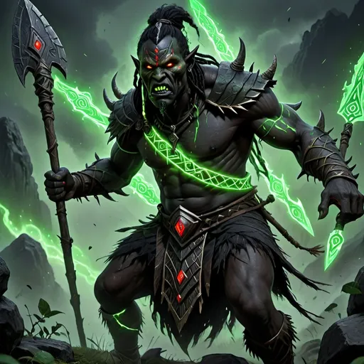 Prompt: A thin black skin giant, covered in glowing green runes, holding a spear, evil, red eyes