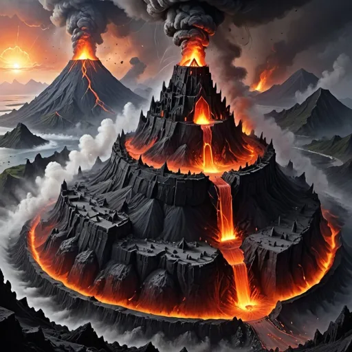 Prompt: Fire giant castle, inside a volcano, under siege 