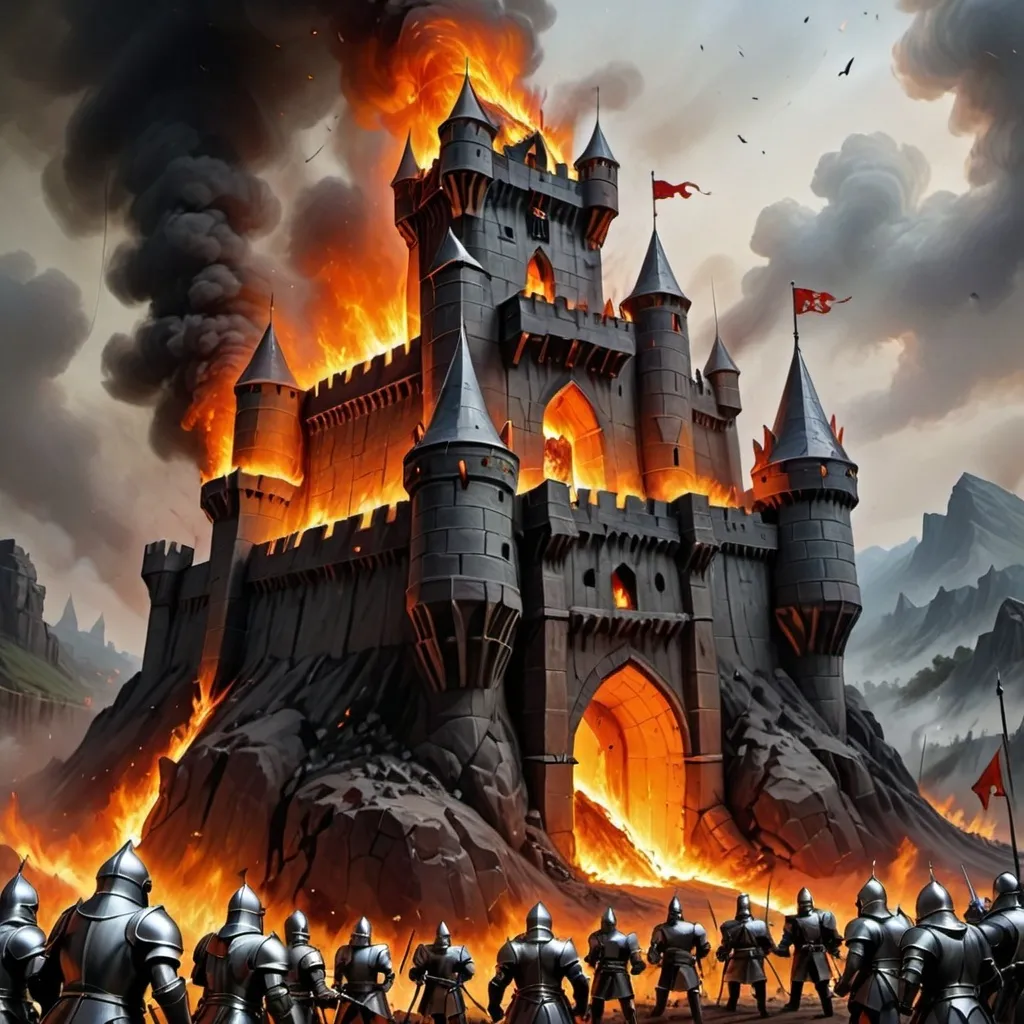 Prompt: Fire giant castle, under siege by knights