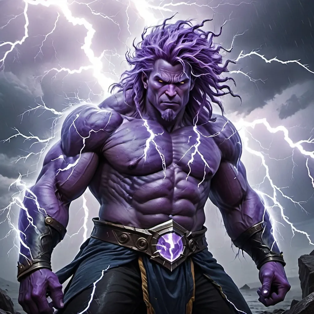 Prompt: A storm giant, purple skin, hair made from lightning 