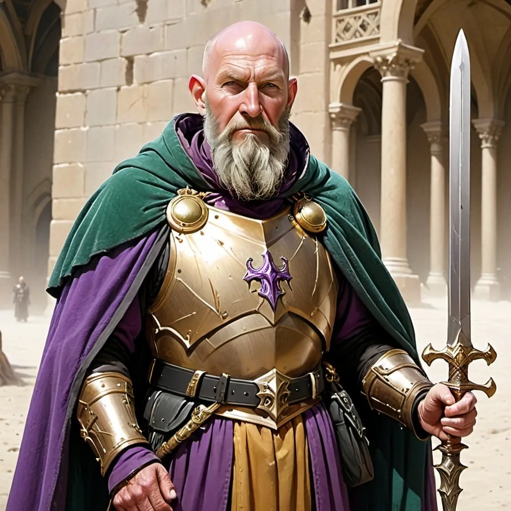 Prompt: Elderly human, tan skin, bald, black bushy beard, gold breastplate, green under robes, purple cloak, silver sword