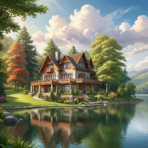 Prompt: building a large house on the lakeside