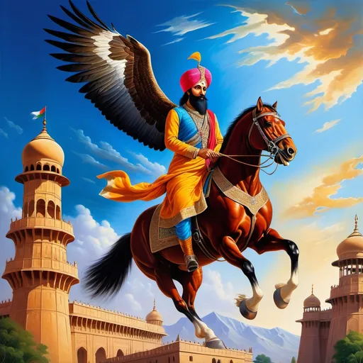 Prompt: (guru Gobind Singh ji on horse), majestic eagle soaring in the sky, grand castle in the background, vibrant colors, dramatic lighting, serene atmosphere, ultra-detailed, powerful presence, traditional attire, rich textures, dynamic movement, emphasizing heroism and strength, expansive blue skies creating a sense of freedom, historical context shining through the intricacies of the scene.