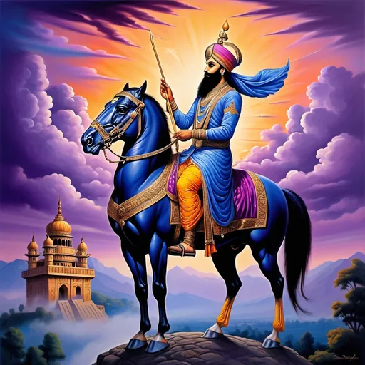 Prompt: (guru Gobind Singh ji sitting on a majestic horse), (soaring eagle flying in the expansive sky), vibrant twilight colors blending into deep blues and radiant purples, (dramatic clouds) casting shadows, intricate castle in the background showcasing monumental regal architecture, high detail elements emphasizing grandeur, (serene yet powerful atmosphere) enveloping the scene, capturing a moment of divine strength and tranquility, highly detailed, cinematic quality, ultra-detailed twilight.