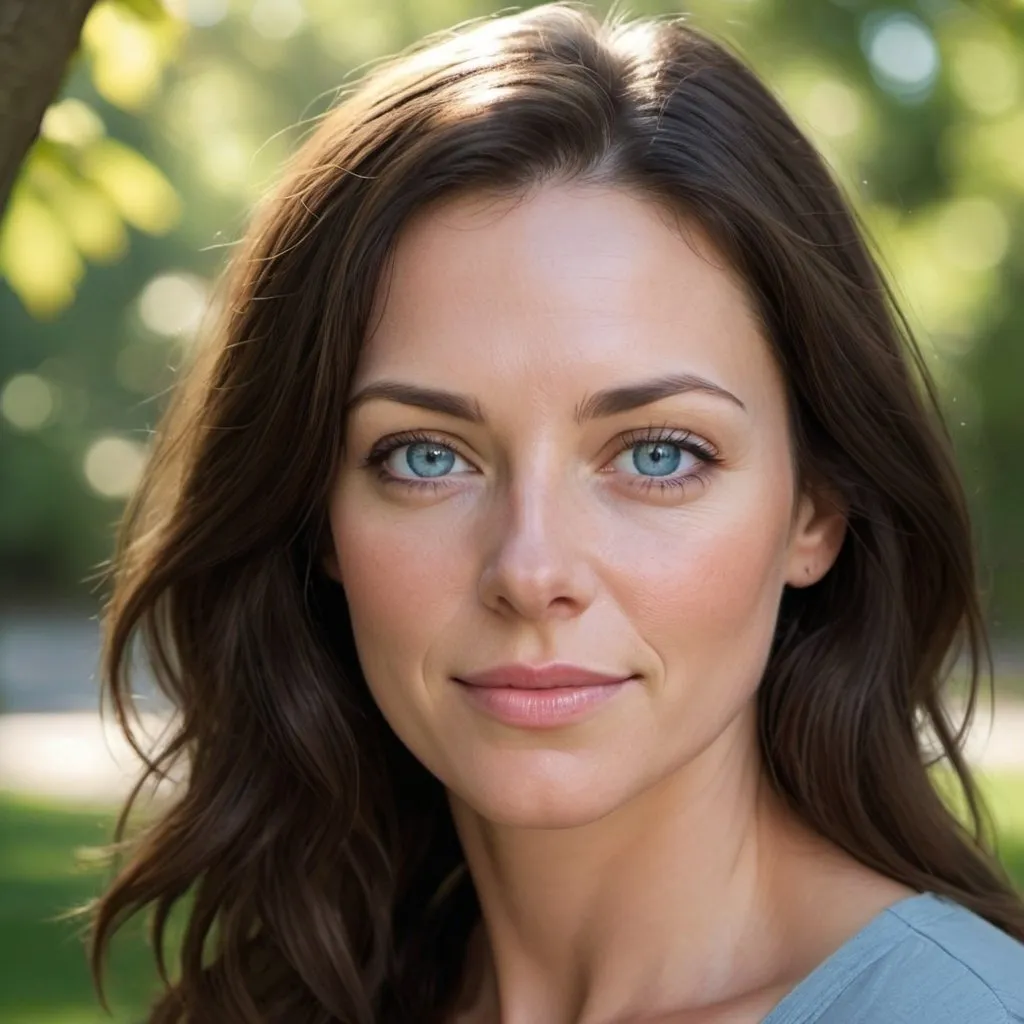 Prompt: Beautiful brunette inside, detailed facial features, she is in her mid 30s, blue eyes, natural light, relaxed lighting, high quality, realistic, detailed, park setting, peaceful, natural beauty, brunette hair, blue eyes, detailed facial features, calm, serene, warm lighting