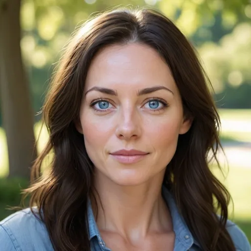 Prompt: Beautiful brunette inside, detailed facial features, she is in her mid 30s, blue eyes, natural light, relaxed lighting, high quality, realistic, detailed, park setting, peaceful, natural beauty, brunette hair, blue eyes, detailed facial features, calm, serene, warm lighting