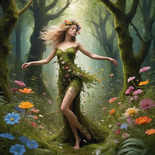 Prompt: Create a whimsical artistic scene featuring a single human-like figure, composed of a vibrant medley of flowers, with delicate petals and lush greenery, appearing to dance with effortless grace in a mystical forest bathed in soft, shimmering moonlight, surrounded by towering trees with gnarled branches, their trunks adorned with moss and ferns, and a carpet of wildflowers swaying to the rhythm of the figure's gentle movements, with hair made of intricately woven flower stems and a face crafted from a bouquet of colorful blossoms, skin radiant with a soft, warm glow, and eyes that shine like dew-kissed petals, as if infused with the essence of nature itself.