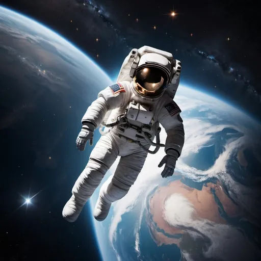 Prompt: "An astronaut floating in the vastness of space, with the Earth visible in the background and a galaxy of stars around