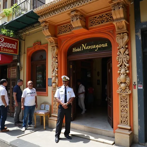 Prompt: Nestled among bustling shops, the entrance of Hotel Narayana stands out with its intricately carved facade and vibrant orange trim, evoking a sense of warm hospitality. A well-dressed doorman in a crisp uniform attentively stands at the door, welcoming guests with a polite smile. The atmosphere is lively, with local patrons mingling casually on the sidewalk, while colorful signage of nearby shops adds to the vibrant street scene. The hotel’s design reflects a blend of traditional architecture and modern comfort, set against a sunny day that casts soft shadows over the pavement. Overall, the scene conveys a welcoming mood and a slice of everyday life in this bustling location.