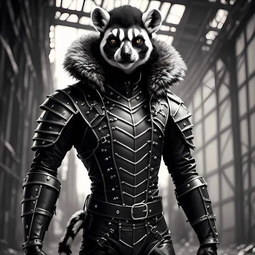 Prompt: <mymodel>Black leather armor, humanoid lemur, realistic, digital art, black and silver fur, villian character, rogue
