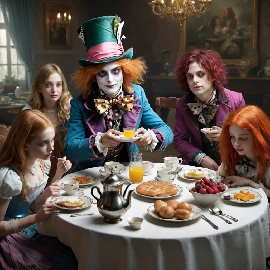 Prompt: ((masterpiece" Alice having breakfast with her friends, including the mad hatter HD 9K