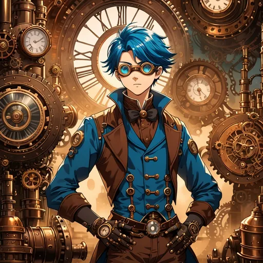 Prompt: (steampunk style) anime boy, (detailed features), (brave expression), vibrant blue hair, regular ears, intricately designed steampunk outfit with gears and goggles, atmospheric background filled with Victorian-inspired machinery and steam, warm color tones, (highly detailed), dynamic composition, captivating depth, reminiscent of an immersive adventure scene, cinematic ambiance.