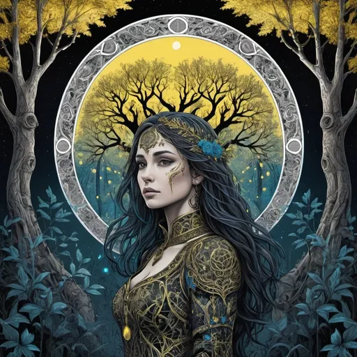 Prompt: Zentangle, Dark, white and black, Villaincore, Moonlit, yellow and Gold neon hue, Azure color grading, [Silky|Middle Aged] ("In the depths of the forest, ancient trees stand sentinel, guarding secrets whispered through the ages." :1.2) , Movie concept art, Renaissance, made out of ral-hlgrphic and Jed-Cosmos <lora:Jed-Cosmos-sdxl:0.4> <lora:ral-hlgrphic-sdxl:0.55>, beautiful elegant, sunny, stunning, timeless, holy, intricate detail, enchanted