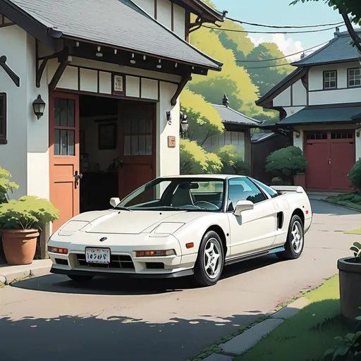 Prompt: (vintage style), (pastel color scheme), 2D studio Ghibli anime style, serene Japanese classic street, white Honda NSX in an open garage, tranquil city atmosphere, soft light, whimsical details, nostalgic feel, vivid street elements, cozy environment, harmonious composition, ideal wallpaper for Motorola Moto G7, high quality, ultra-detailed.