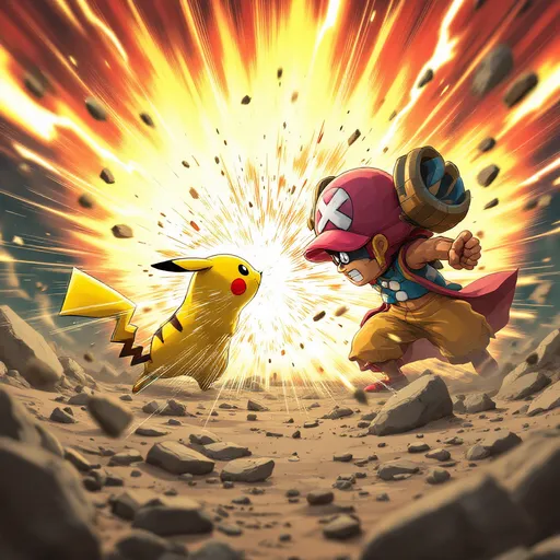 Prompt: 5️⃣ Scene: Final Clash – Energy Explosion
"An ultimate anime-style clash moment between Pikachu and Chopper. Pikachu's Thunderbolt collides with Chopper’s punch in a massive explosion of energy. The battlefield is engulfed in blinding yellow and red light, with shockwaves ripping through the ground. Rocks and debris fly in every direction, and the force distorts the air around them. The characters are mid-impact, frozen in an epic moment of power, both determined to win. The scene is detailed with high-energy effects, dynamic lighting, and intense shading to maximize the impact."