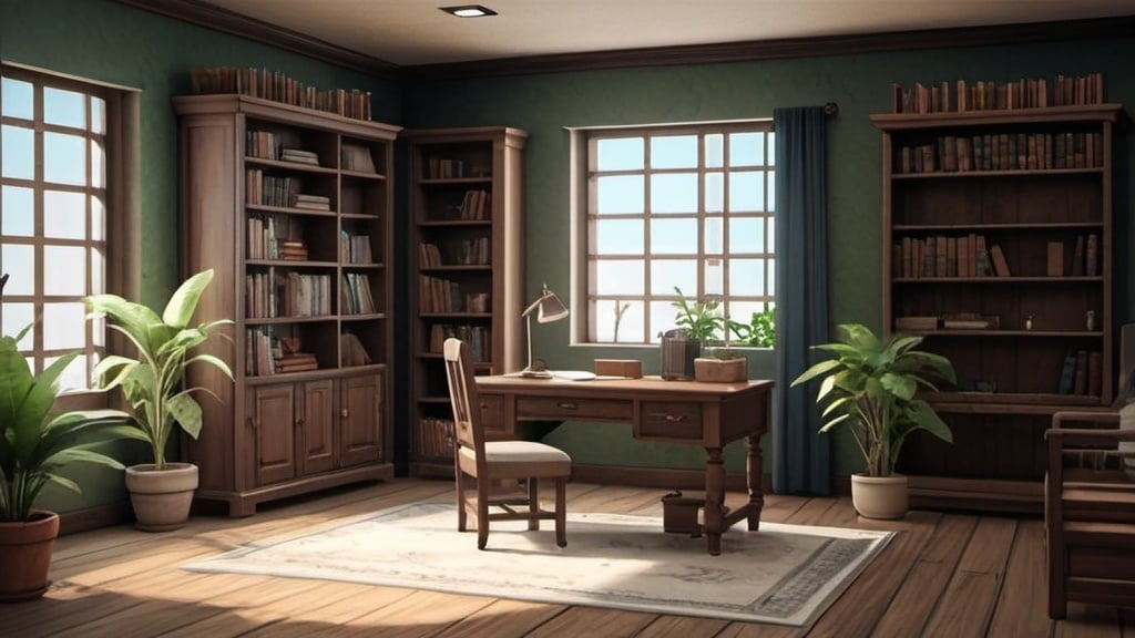 Prompt: Please generate a cozy anime-style study room scene suitable for a lofi music atmosphere. The room should have a simple bookshelf filled with neatly arranged books. There should be a comfy chair, such as an armchair, placed next to the bookshelf or the desk. The room also includes a wooden desk with some books, notebooks, and other study materials on it. Add a few green plants in the room, which can be placed next to the bookshelf, on the desk, or on the floor. The overall atmosphere should be warm and inviting, with soft, ambient lighting from a table lamp or ceiling light. The room's color scheme should feature warm, natural tones, including the wood of the furniture and the green of the plants. The walls can have a few simple decorative paintings, and there can be a small rug on the floor to add to the cozy feel.